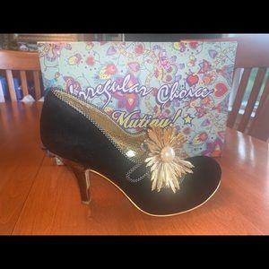 Irregular Choice Size 8 Women Black Velvet Pumps with Gold metal buckle detail.